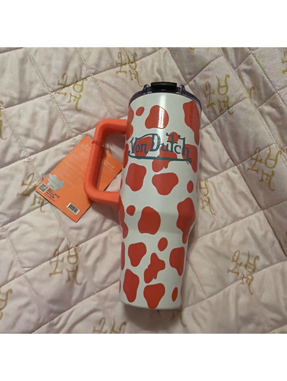 Von Dutch 40oz Orange Cow Print Tumbler Insulated Stainless Cup NO STRAW